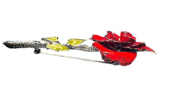 The Great Vintage red Rose metal and enamel brooch with depth and details