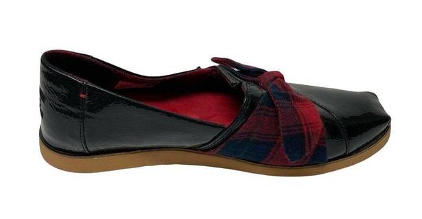 Toms  Black Patent Leather Slip On Dress Shoes Red Buffalo Plaid Bow Size 8.5