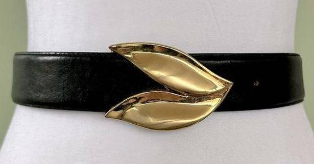 Buckle Black Vtg 80’s Waist Belt Womens Leather Chunky Gold  Sz Small Boho Unique