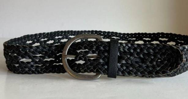 Gap  Black Genuine Leather Wide Woven Free Size Silver Buckle Belt - M