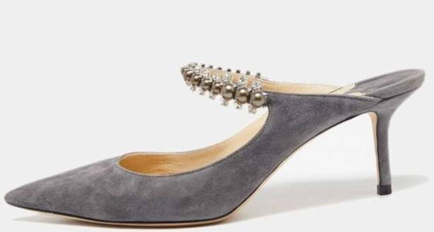 Jimmy Choo  Grey Suede Bing Crystal Embellished Mules Size 37