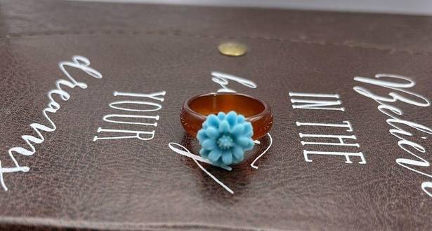 Daisy Baby Blue  Floral Brown Agate Bohemian Size 7 Ring