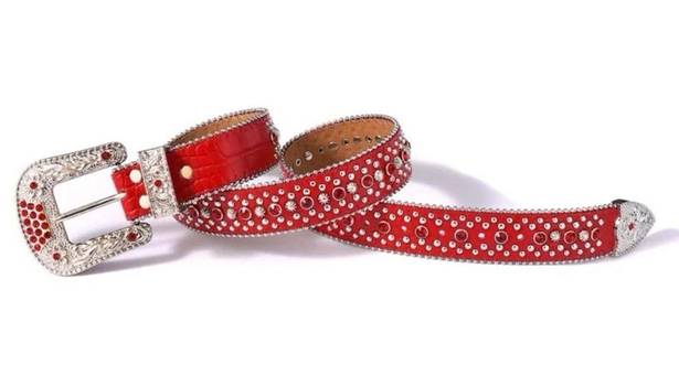 NEW RHINESTONE EMBELLISHED RED SILVER FASHION BELT