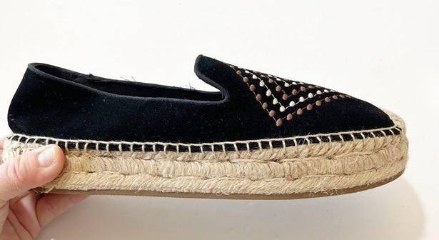 Jack Rogers  Black Suede Boho Espadrille Loafers Women’s Size 9 Jute Embroidered