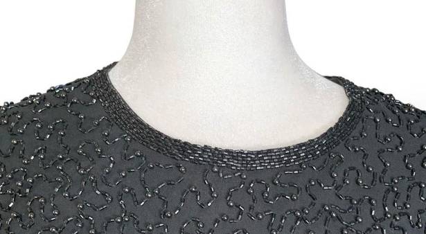 Oleg Cassini Vintage Black Tie  Bodysuit Black Silk Abstract Beaded Short Sleeve