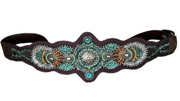 Chico's  Belt Womens M/L Brown Genuine Leather Beaded Snap Adjustable Western Boho