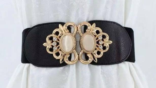 Buckle Black Golden Double  Waspie Belt Stretchy Elastic Accentuating Waistband