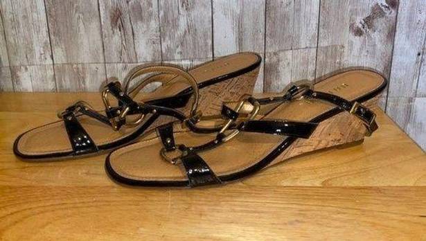 Unisa  Cork Wedge Strappy Black Patent Leather Shoes Sandals Open Toe Size 6.5