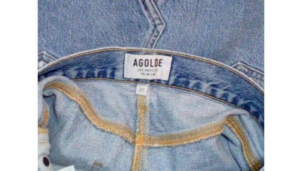 AGOLDE  light wash distressed frayed festival denim button fly mini skirt size 27