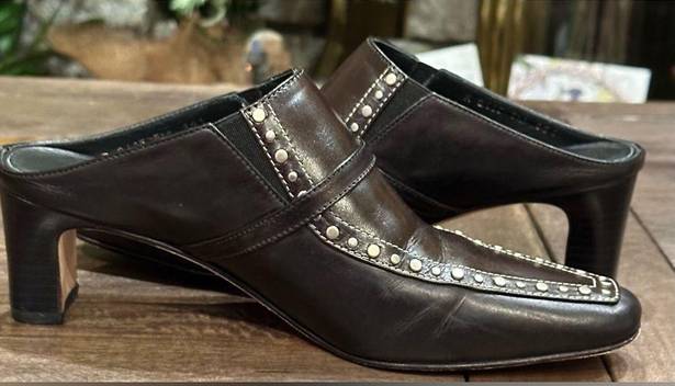 Brighton Dark Brown Mule Slip On Studded Buckle Western Heels High Heel …