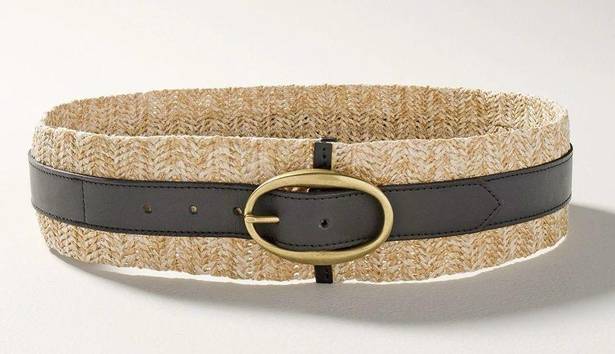 White House | Black Market  Belt  3" Black Patent Leather & Beige Woven Straw 2XL