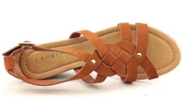 Ralph Lauren  Brown Cognac Suede Leather T-Strap Lydia Wedge Sandals Size 10