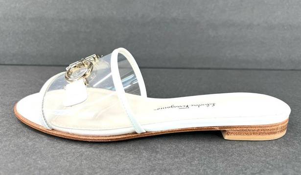 Salvatore Ferragamo  Rhodes Pvc Gancini Logo White Leather Flat Sandals Size US 5