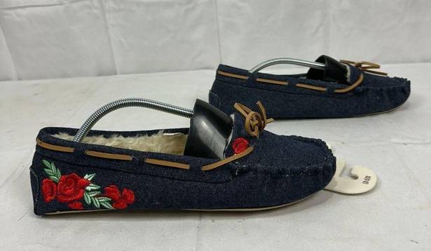 SO  Women's Embroidered Rose Denim Moccasin Slippers Size XL