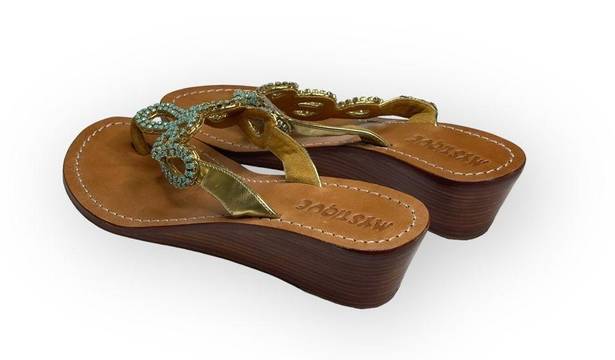 Mystique Boutique Mystique ☀︎︎ Bali Turquoise Crystal Beaded Wedge Thong Sandals ☀︎︎ Gold 7M ☀︎︎