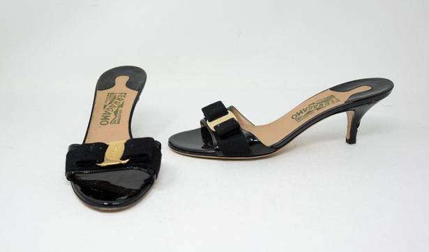 Salvatore Ferragamo  Black Patent Leather Gold Logo Buckle Open Toe Heel Sandals 