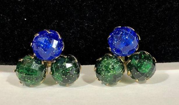 Vintage Blue  And Green Earrings, Gold Tone Clip On Faceted Plastic Glitter Beads