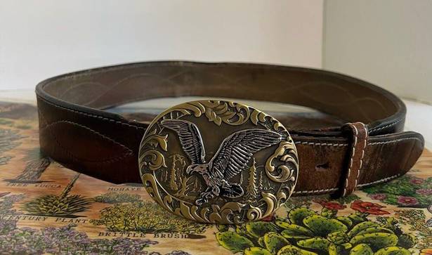 Vintage Distressed Stitched Brown Genuine Leather Eagle Buckle Belt