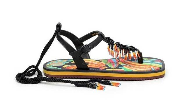 Farm Rio  Black Banana Beaded Flat Sandal Ankle Wrap Size 9 Vibrant Tropical