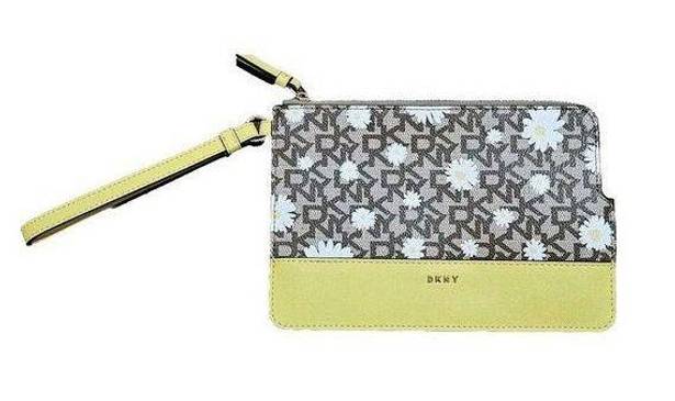 DKNY  Logo Wristlet Pouch Clutch Zipper Bag Daisies Saffron Leather Yellow Brown