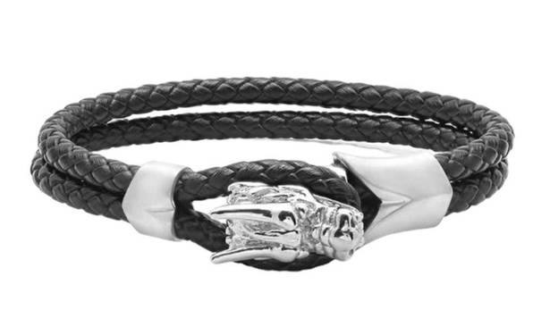 The Row Steeltime  Dragon Double Braided Leather Bracelet  Black Silver  Unisex