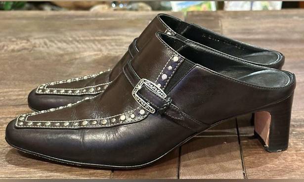 Brighton Dark Brown Mule Slip On Studded Buckle Western Heels High Heel …