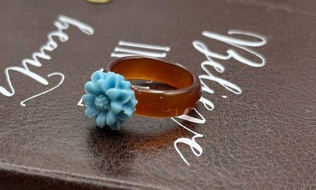 Daisy Baby Blue  Floral Brown Agate Bohemian Size 7 Ring