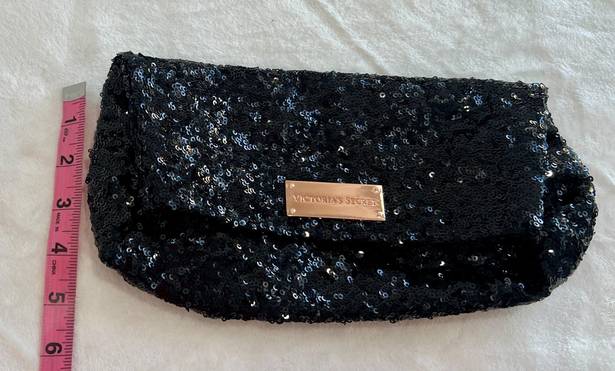Victoria's Secret Victoria’s Secret Black Sequin Clutch Purse Zipper Pocket Rose Finish Hardware