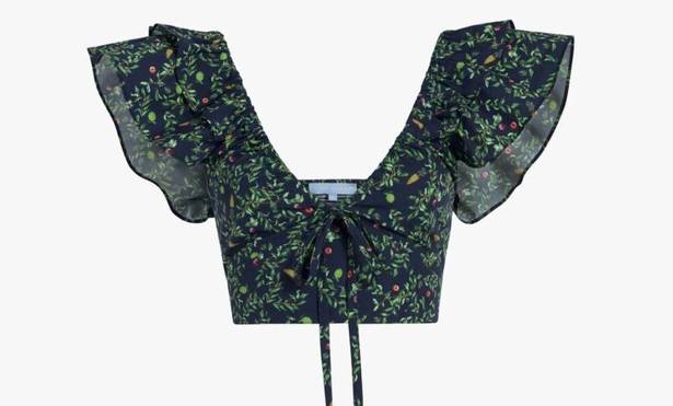 Hill House  Home The Alexa Top Cropped Floral Print V-Neck Navy Blue Green S