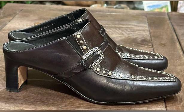 Brighton Dark Brown Mule Slip On Studded Buckle Western Heels High Heel …