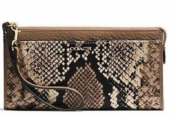 Coach  Madison Python Snake Print Zippy Wallet Wristlet Light Gold Natural Beige