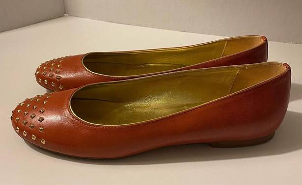 DKNY Donna Karan NY  Gold Studded Pumpkin Rust Leather Italy Flats 8.5 NWOT