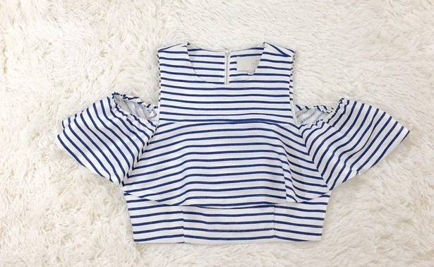 J.O.A. white blue striped croptop cold shoulder Large