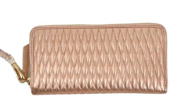 Isaac Mizrahi New  Leather Metallic Rose Gold Quilted Zip Around Wristlet Wallet