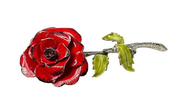 The Great Vintage red Rose metal and enamel brooch with depth and details