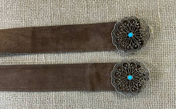 Vintage Brown Suede Leather Belt With Brass & Turquoise Buckle S