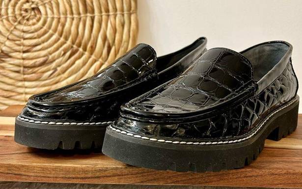 Donald Pliner Hope Crocodile Embossed Patent Leather Lug Sole Platform Loafers