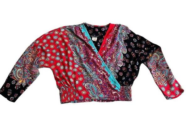 Carole Little  Paisley Boho Blouson Faux Wrap Dolman Sleeve Top, Sz 16