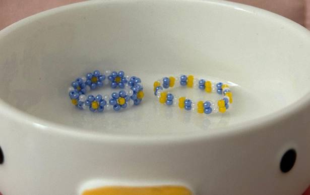Handmade Beaded Blue Flower Rings - Set of 2