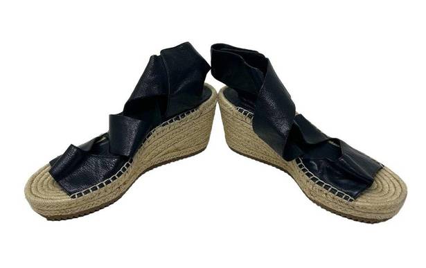 Eileen Fisher  Willow Espadrille Wedge Sandal Black Leather Size 6