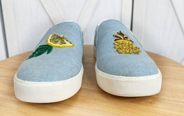 Sam Edelman  Evelina Sequin Beaded Pineapple Lemon Slip On Sneakers Blue 8