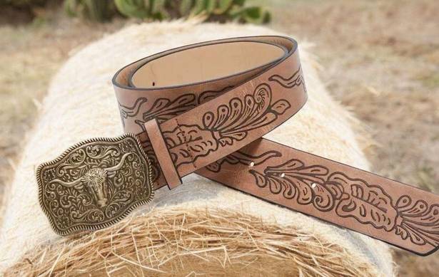 Western Style Bull Head Buckle Unisex Belt Vintage Embossed Brown