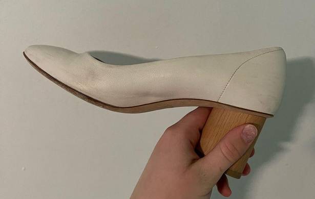 COS  Cream Leather Round Toe Wooden Heel Pumps