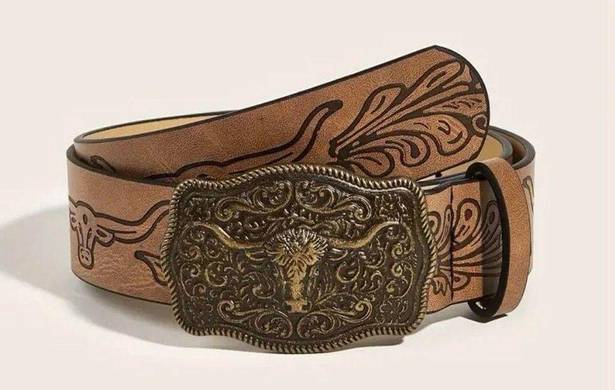 Western Bull Head Buckle Unisex Belt Vintage Style Embossed 37” Faux Leather Tan