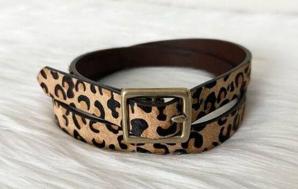 Leather Animal Hair Leopard Belt Gold Hardware Brown Tan Size Small