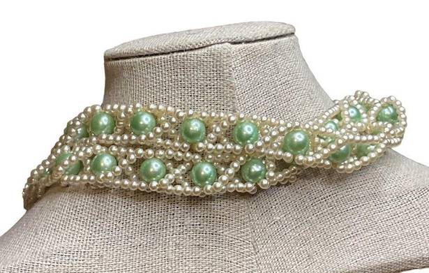 Twisted Long strand of Pearls  around light Green Beads Necklace