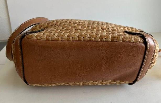 Fossil  Tan Woven Leather Wooden Top Handle Crossbody Medium Tote Bag