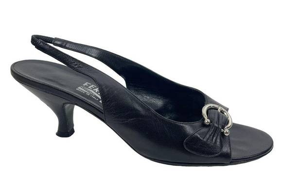 Salvatore Ferragamo  Black Gancini Slingback Sandals Peep Toe Size 7.5B