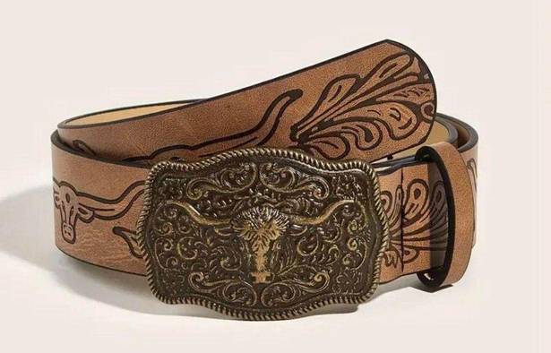 Western Style Bull Head Buckle Unisex Belt Vintage Embossed Brown