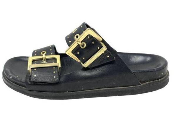 ALLSAINTS  Women's Size 38 US 7 Mae Black Leather Two Strap Slide Sandals *FLAWS